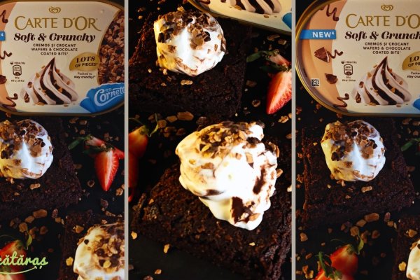 Brownie cu înghețată cremoasă și topping crunchy