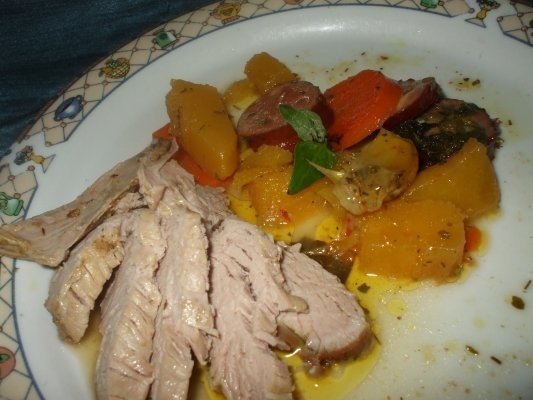 Coq au vin cu curcan, dovleac si gutui