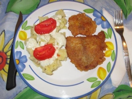 File de pangasius pane, cu sos de smantana si cartofi natur