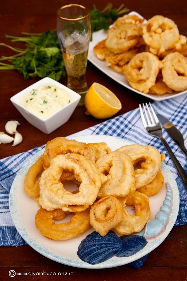 Inele de calamar pane in aluat cu bere