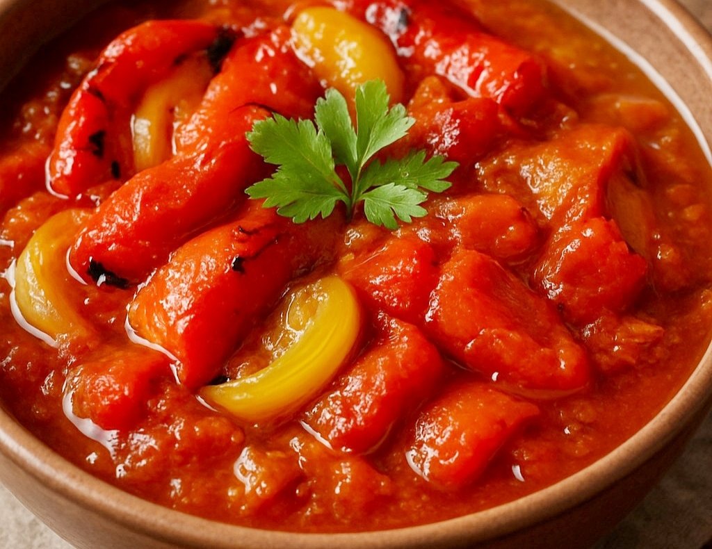Tocanita de ardei copti cu ceapa si rosii – reteta simpla si gustoasa