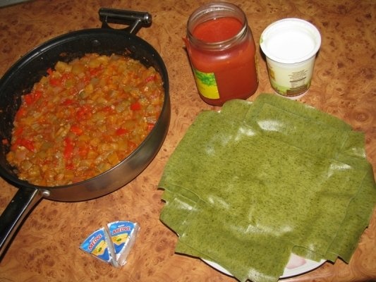 Lasagna cu legume, pasta de rosii si zacusca cu vinete