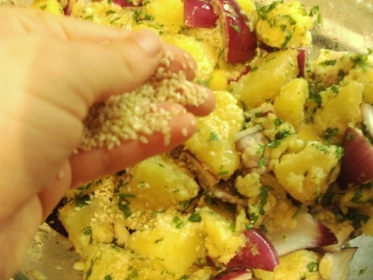 Cartofi gratinati cu parmesan ceapa rosie si susan