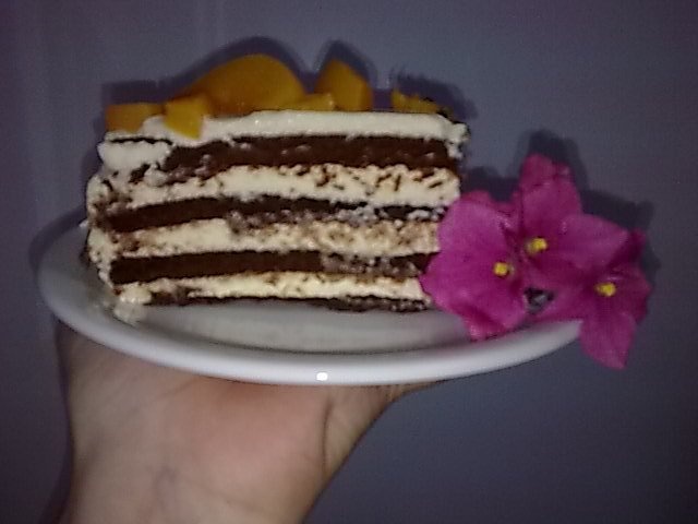 Tort cu blat de ciocolata si piersici