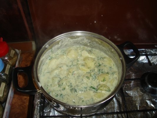 Cartofi noi cu smantana si cubulete din carne de porc cu sos