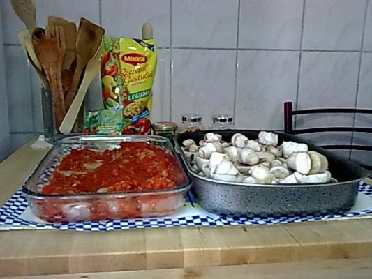 Piept de pui pe pat de rosii cu ciuperci champignion.