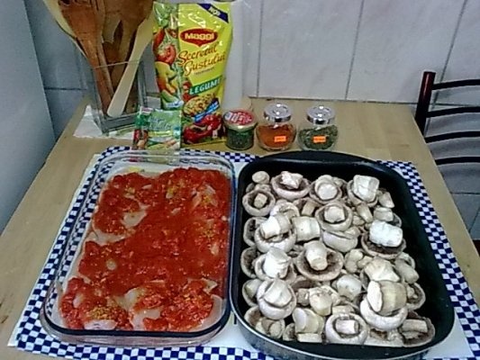 Piept de pui pe pat de rosii cu ciuperci champignion.