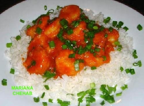 Creveti dulci picanti cu usturoi si cu orez(basmati)