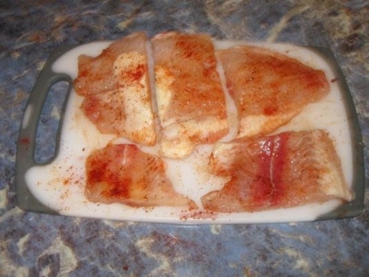 File de pangasius pane, cu sos de smantana si cartofi natur