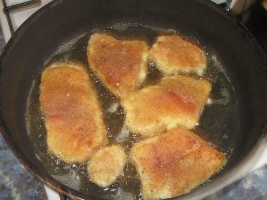 File de pangasius pane, cu sos de smantana si cartofi natur