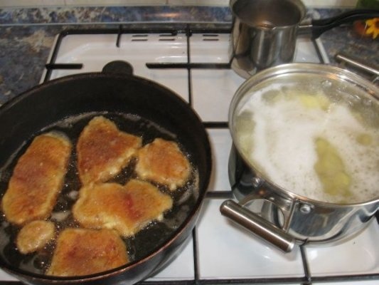 File de pangasius pane, cu sos de smantana si cartofi natur