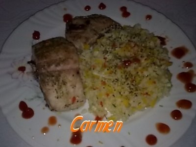 Crap la cuptor cu orez,dovleac razuit si plante aromatice