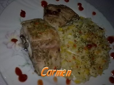 Crap la cuptor cu orez,dovleac razuit si plante aromatice