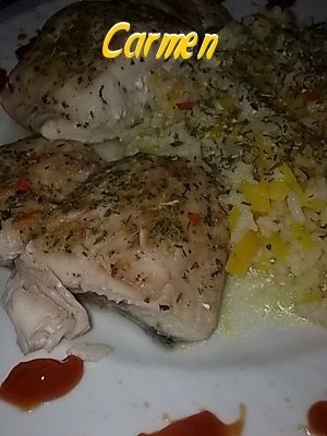 Crap la cuptor cu orez,dovleac razuit si plante aromatice