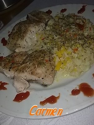 Crap la cuptor cu orez,dovleac razuit si plante aromatice