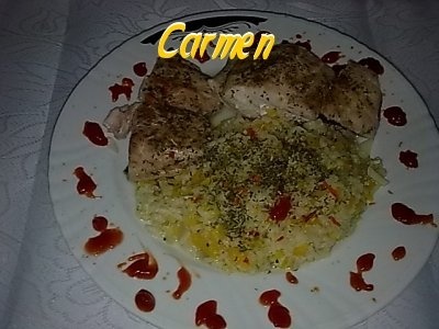 Crap la cuptor cu orez,dovleac razuit si plante aromatice