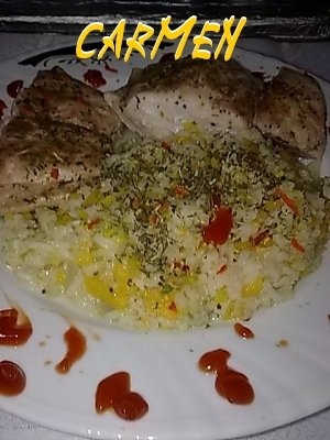 Crap la cuptor cu orez,dovleac razuit si plante aromatice