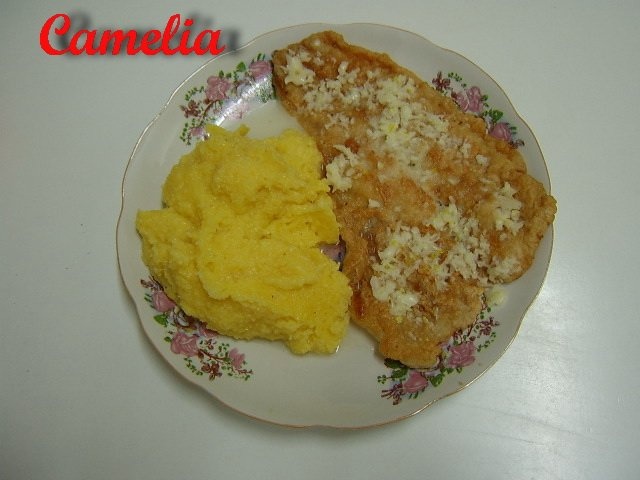 Pangasius prajit cu mujdei si mamaliga la microunde