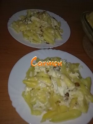 Budinca din penne rigate cu branza de vaci