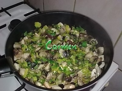 Tocanita de ciuperci cu ceapa verde si usturoi verde