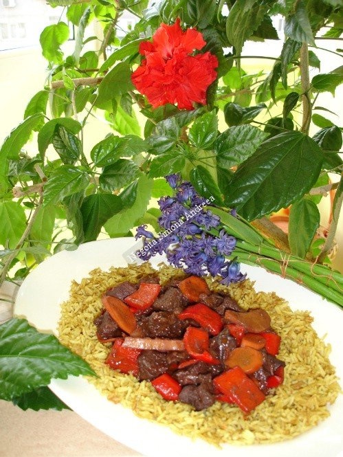 Vita picanta cu vin rosu si garnitura de orez curry