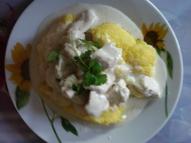 Piept de pui in sos de smantana cu mamaliguta
