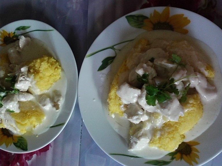 Piept de pui in sos de smantana cu mamaliguta