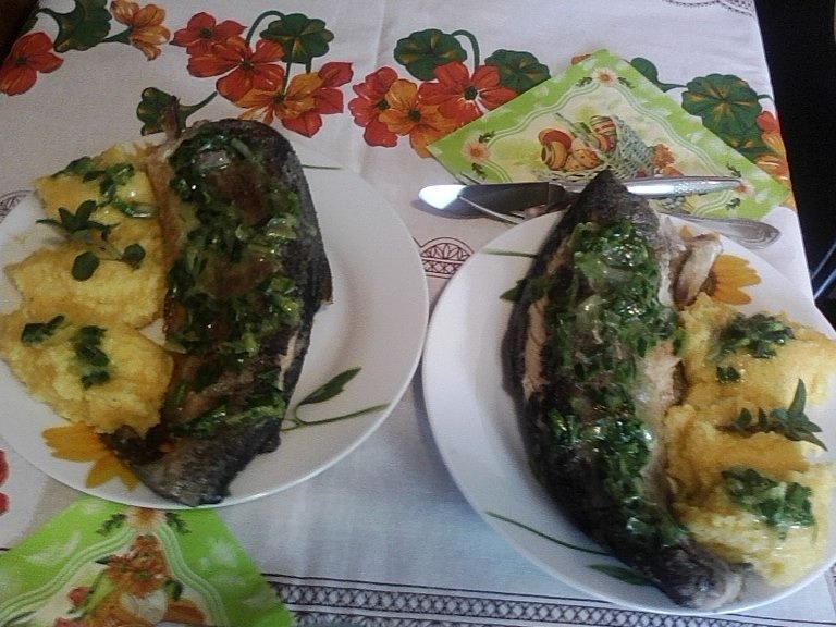 Pastrav prajit cu sos de usturoi verde