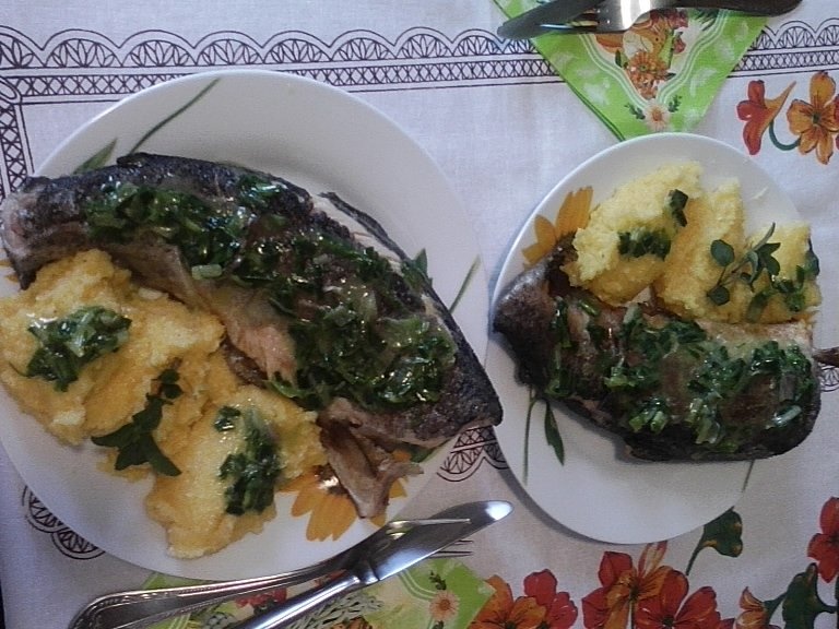 Pastrav prajit cu sos de usturoi verde