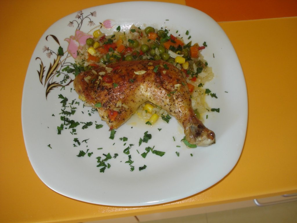 pulpe de pui la cuptor,cu orez si ciuperci