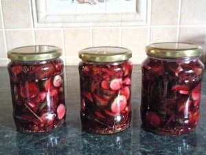 Castraveti picanti  cu sfecla rosie in saramura