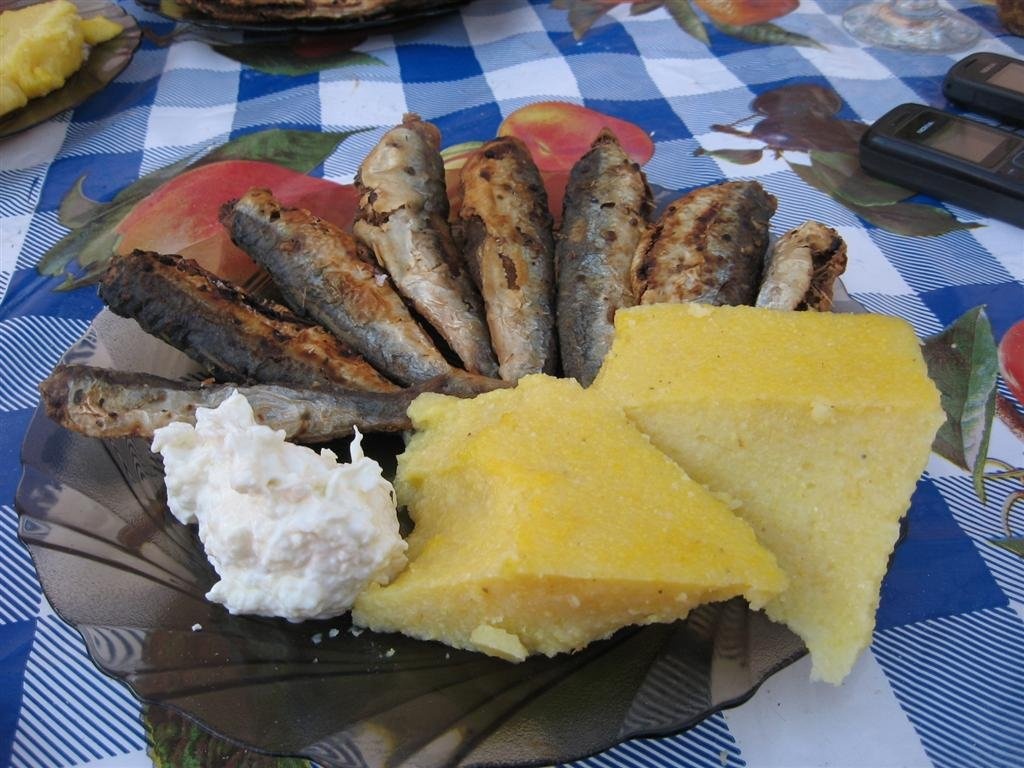 Sardina prajita, cu mamaliga si mujdei