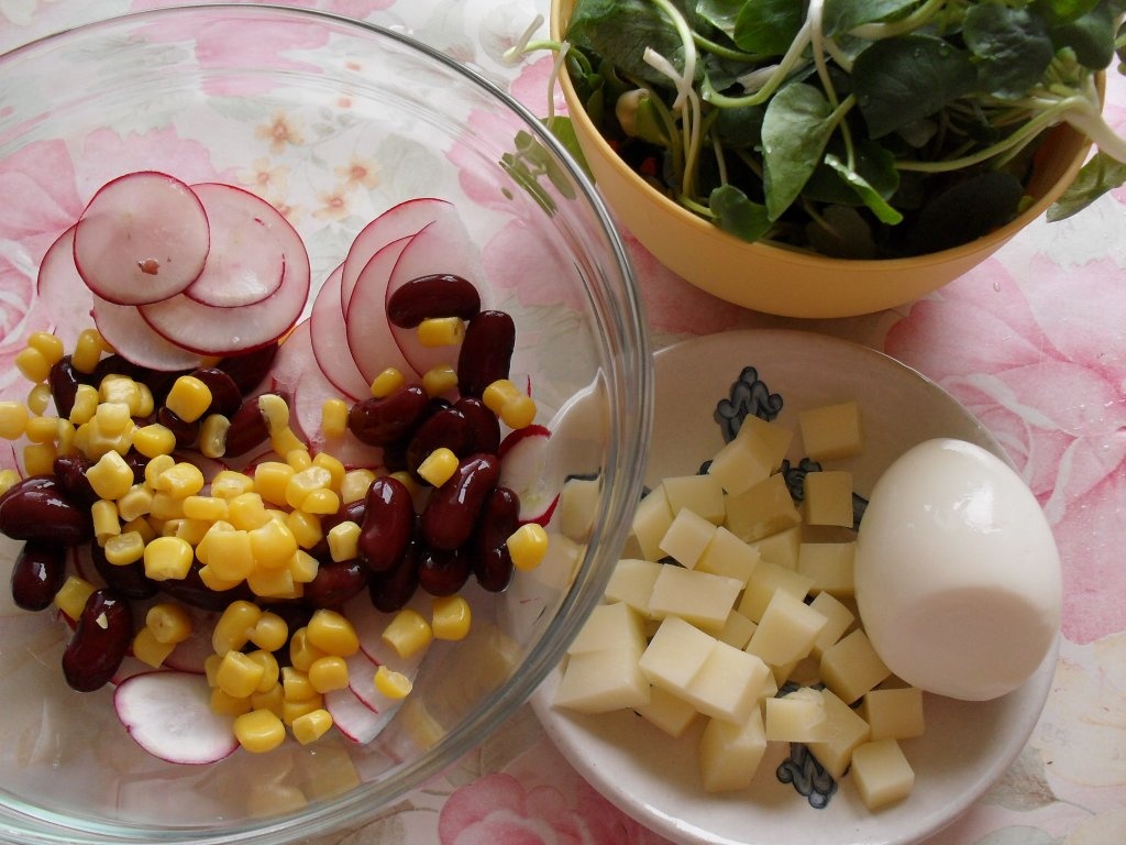 Salata de padure (untisor) cu fasole, porumb, ou si ridiche