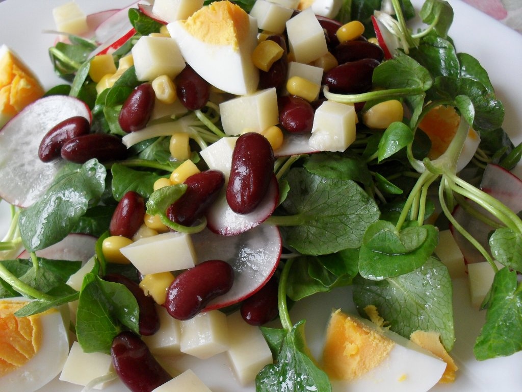 Salata de padure (untisor) cu fasole, porumb, ou si ridiche