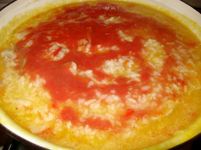 Orez cu piept de pui,suc de rosii si cascaval