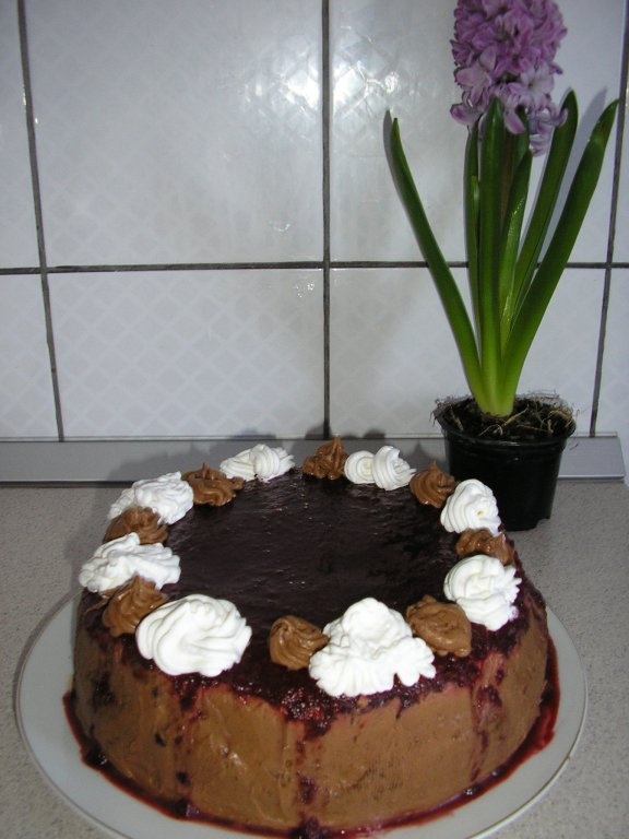 Tort cu mousse de ciocolata si sos de zmeura