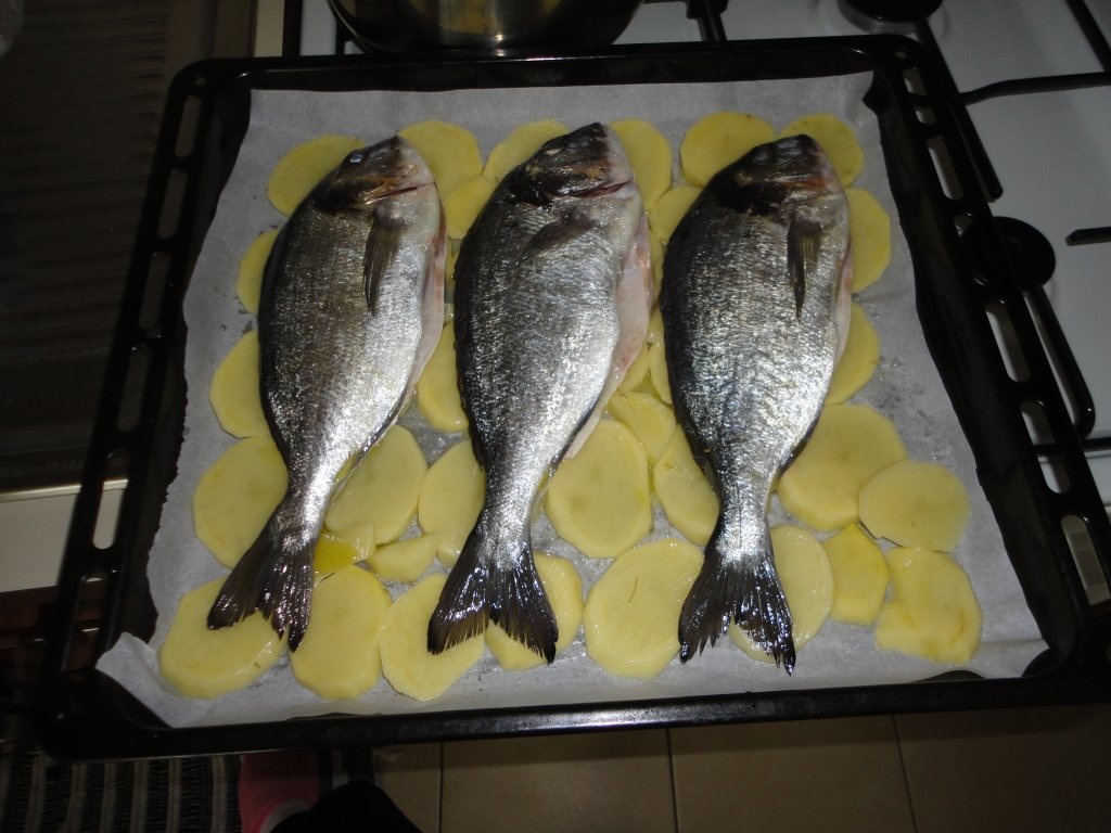 Dorada la cuptor pe pat de cartofi