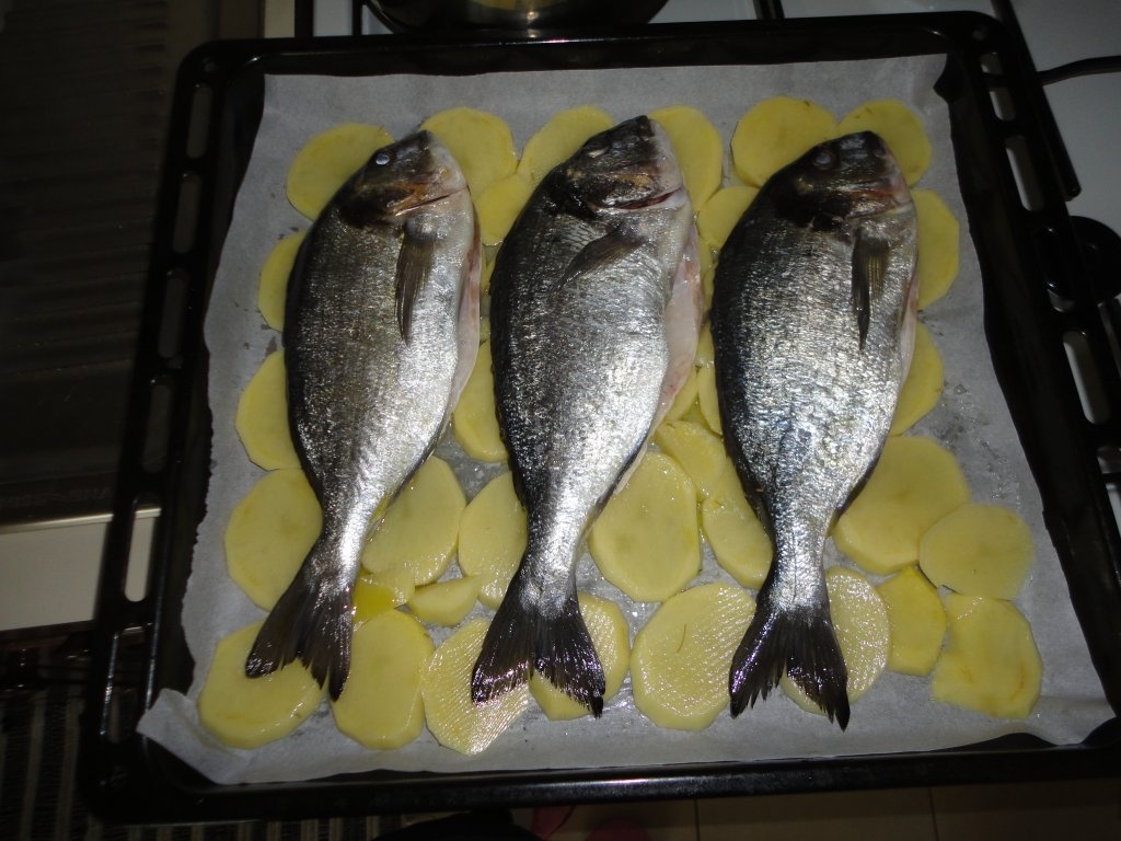 Dorada la cuptor pe pat de cartofi