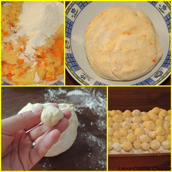 Gnocchi cu morcovi si cartofi(facuti in casa) in sos tomat