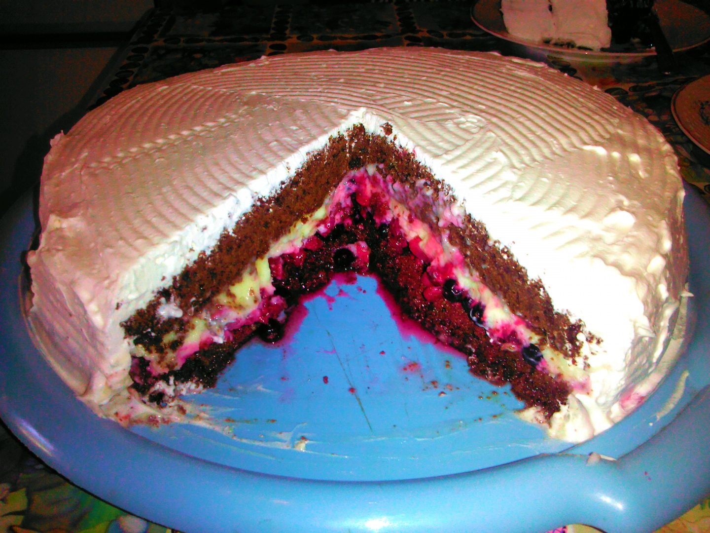 Brownie Cake with forest fruits and custard cream