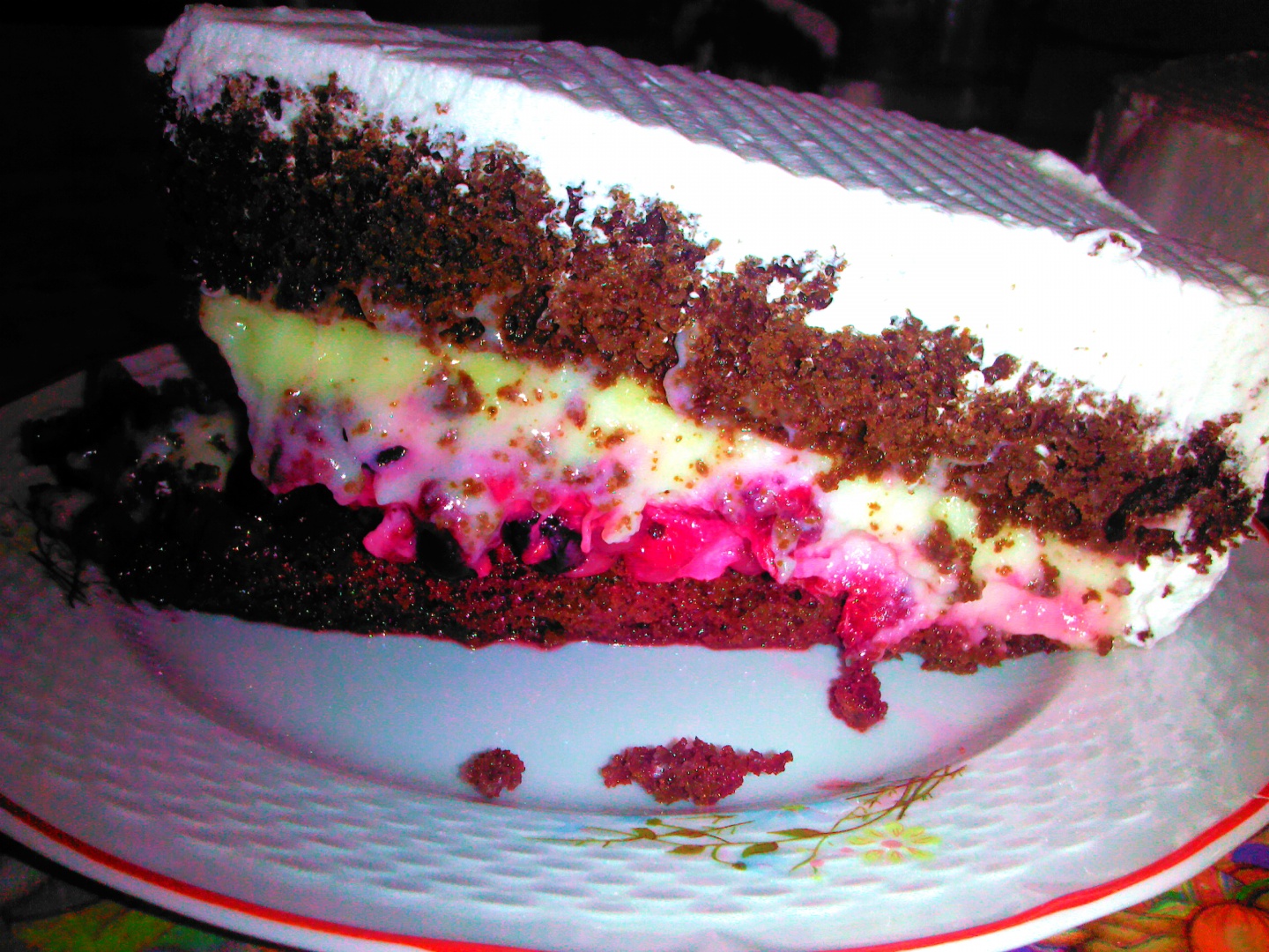 Brownie Cake with forest fruits and custard cream