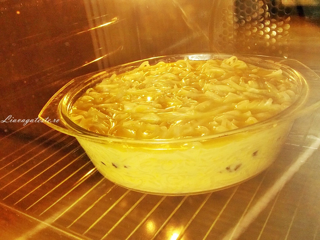 Budinca din paste, cu merisoare si dulceata de afine