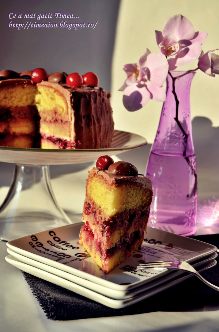 Tort cu visine si doua feluri de ciocolata