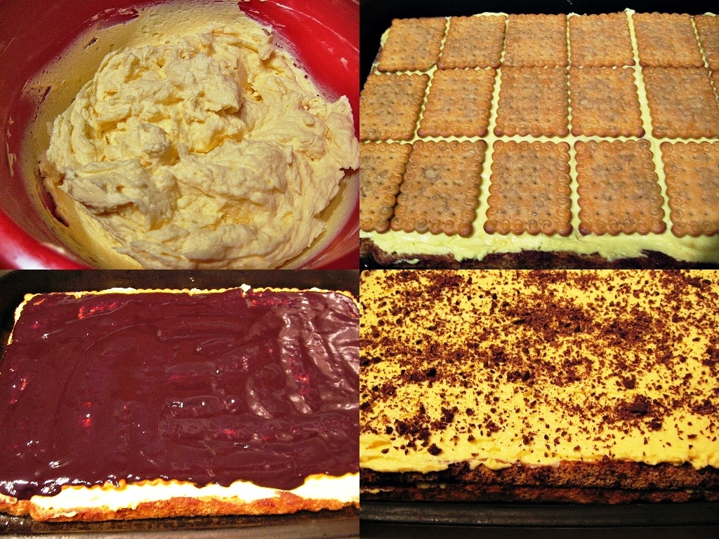 Prajitura cu blat de albusuri, biscuiti si crema de galbenusuri