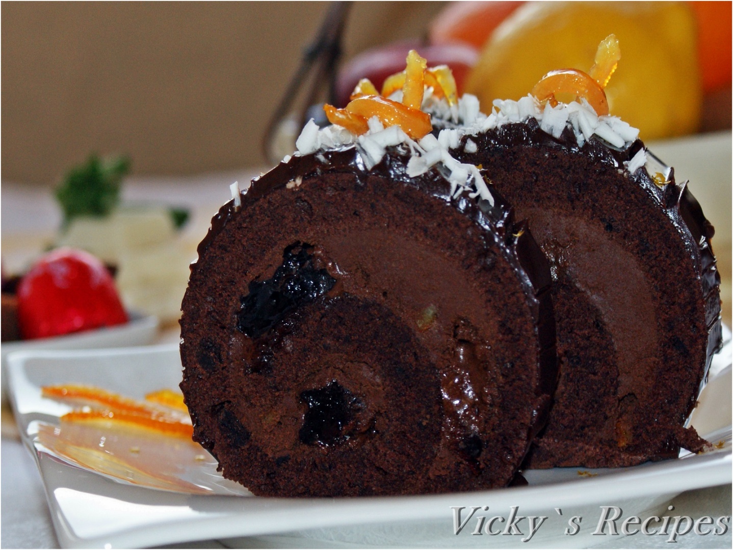 Rulada cu ciocolata si visine din dulceata, proaspete sau congelate