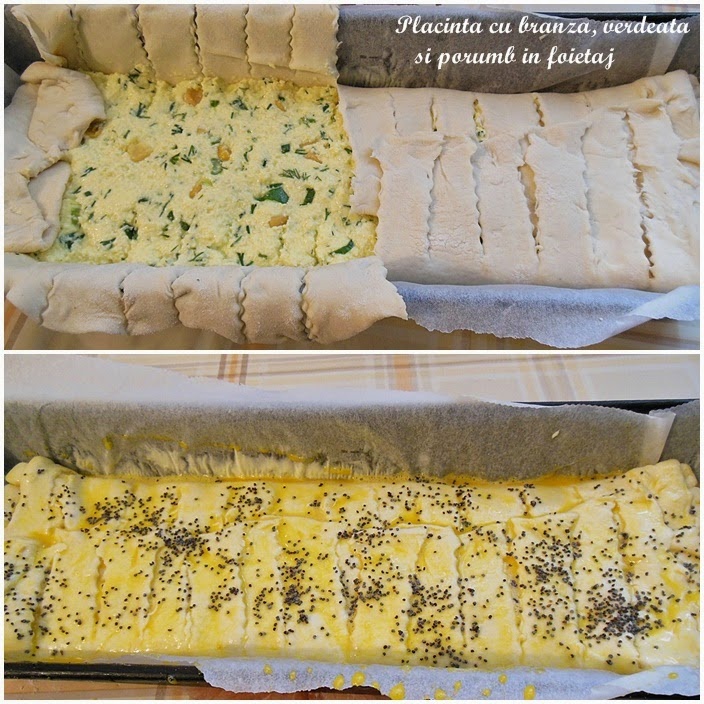 Placinta cu branza, verdeata si porumb in foietaj