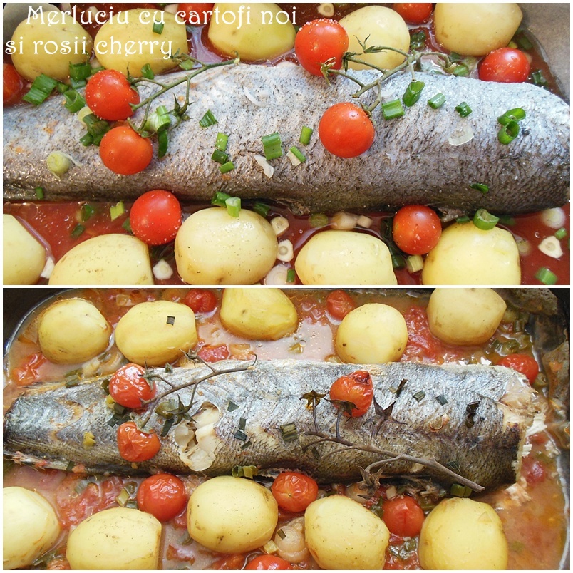 Merluciu cu cartofi noi si rosii cherry