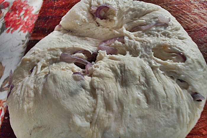 Fougasse cu ceapa rosie, rosii cherry si seminte