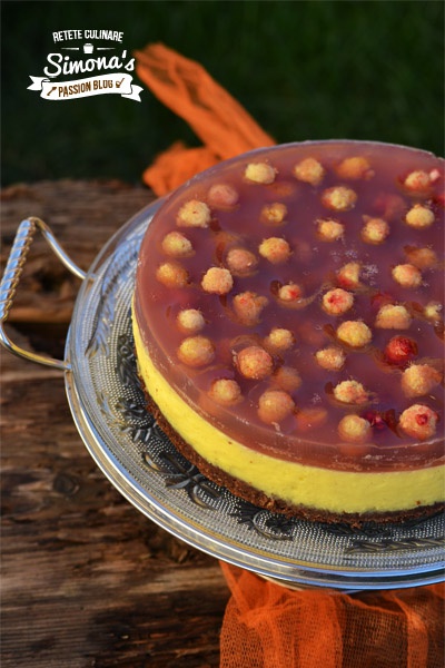 Tort cu bavareza de zmeura galbena si jeleu de hibiscus