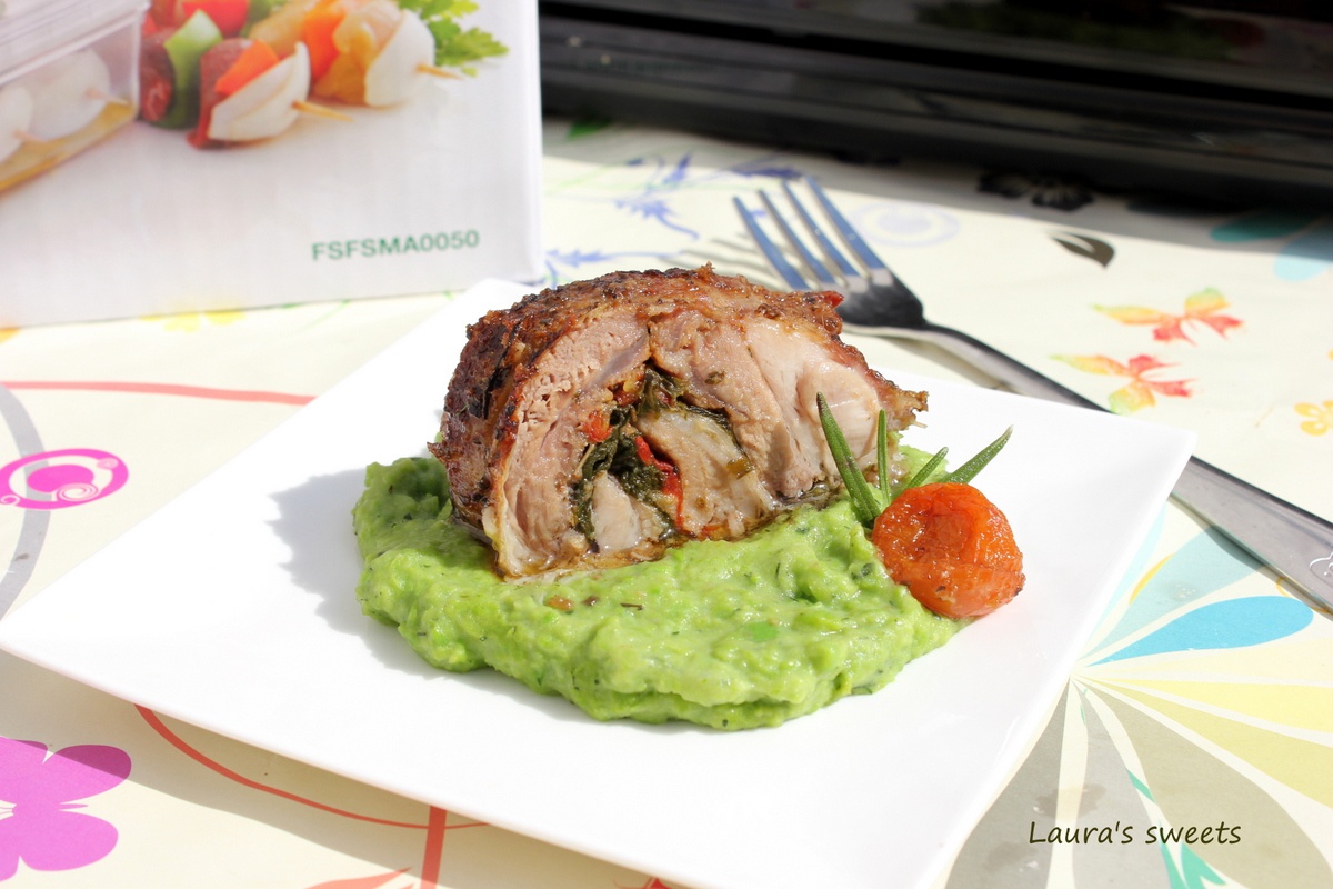 Rulada de miel pe pat de mazare cu menta, pregatita cu aparatul de marinat FoodSaver